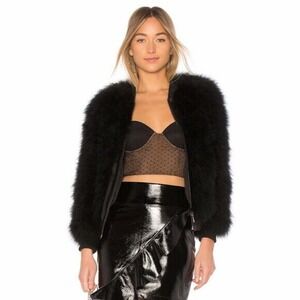 RAVN Black Leather Trimmed Turcia Feather Bomber Jacket NWT Size Extra Small